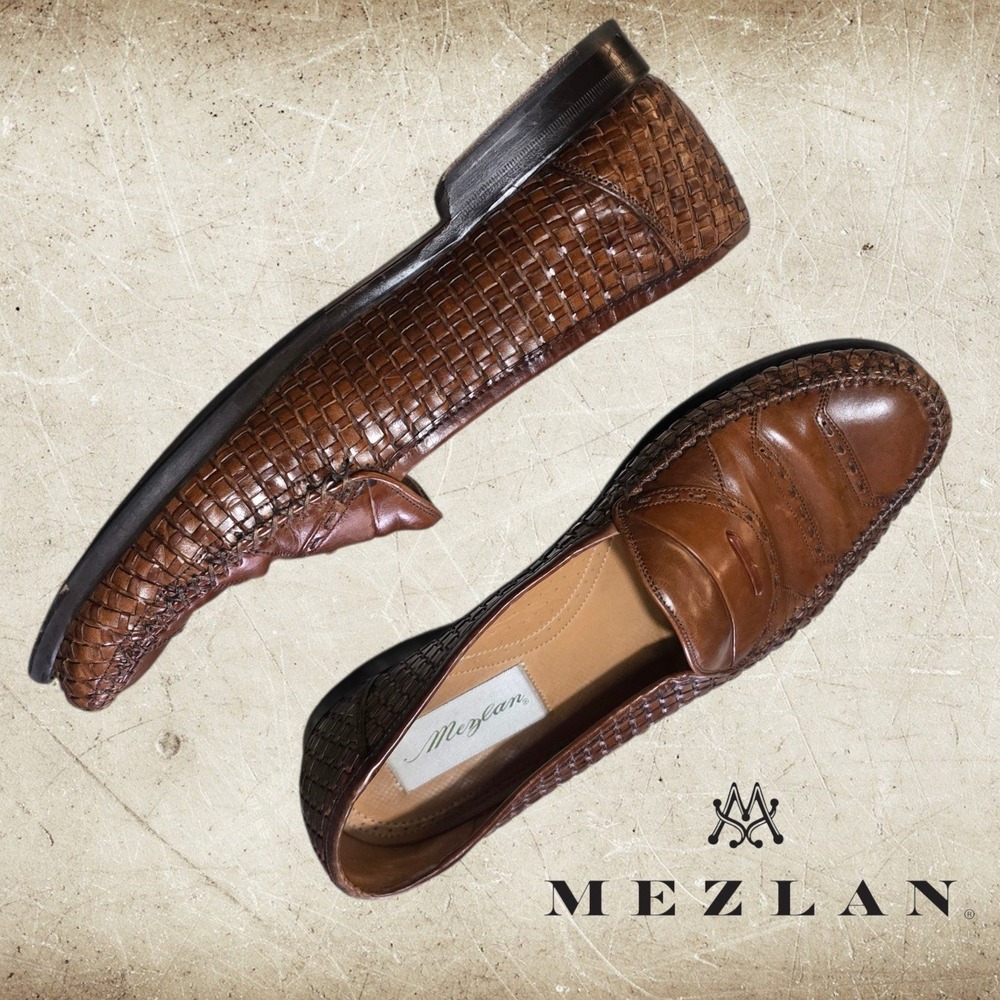 Mezlan Mens Woven Leather Penny Loafers Cognac Brown 9M
